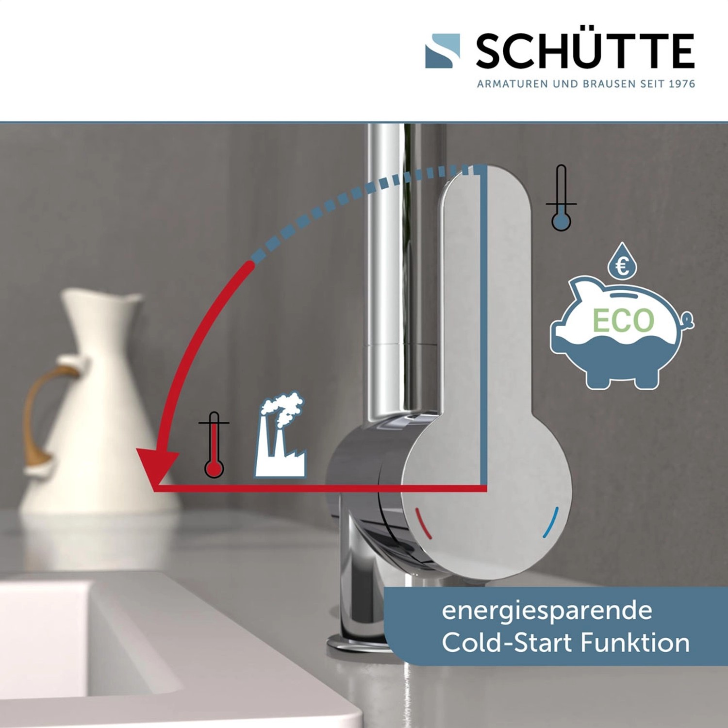 Schütte Spültischarmatur Rio Chrom mit Cold-Start Funktion und Energiespar-Symbolen.