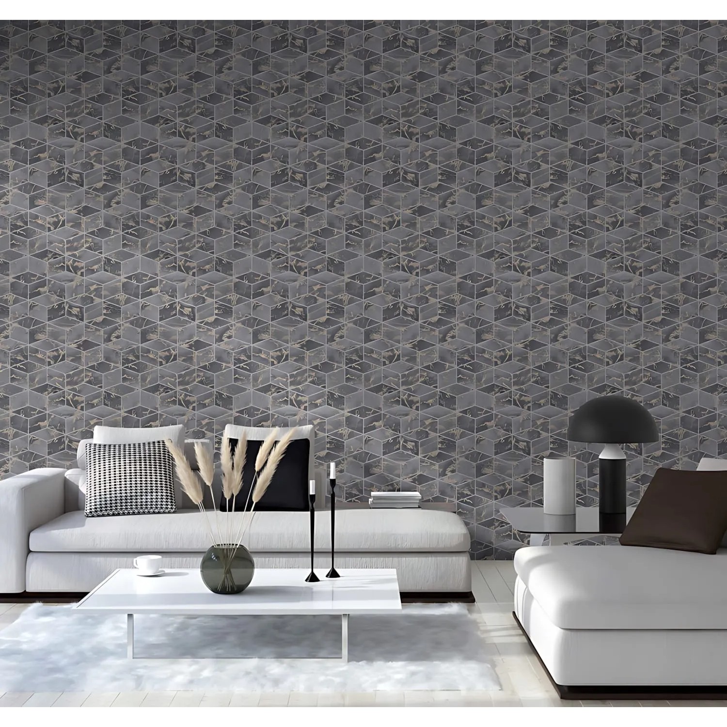Grafik Tapete Geometrisch Grau/Gold/Schwarz, Vliestapete mit 3D-Würfelmuster für Wohnraum.