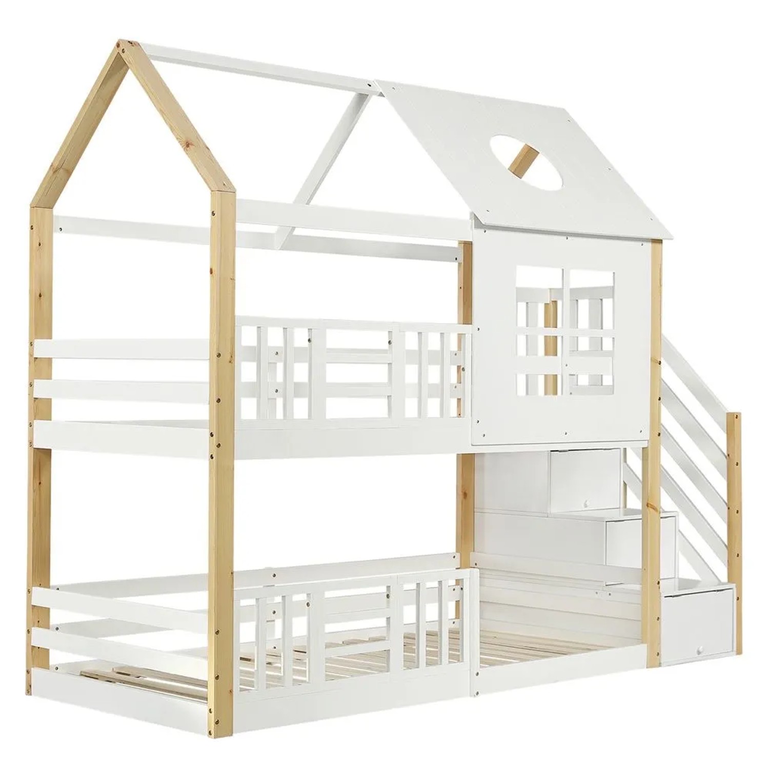 KOMHTOM Etagenbett 90x200Cm Hausbett Kinderbett Mit Aufbewahrungstreppe Fallschutzgitter Fenster Und Dach Kiefer+Mdf Weiß+Natur