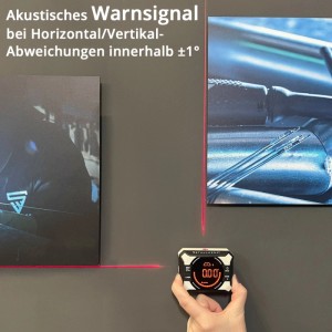 STAHLWERK Digitaler Laser-Winkelmesser mit rotem Laserstrahl beim Ausrichten von Bildern.