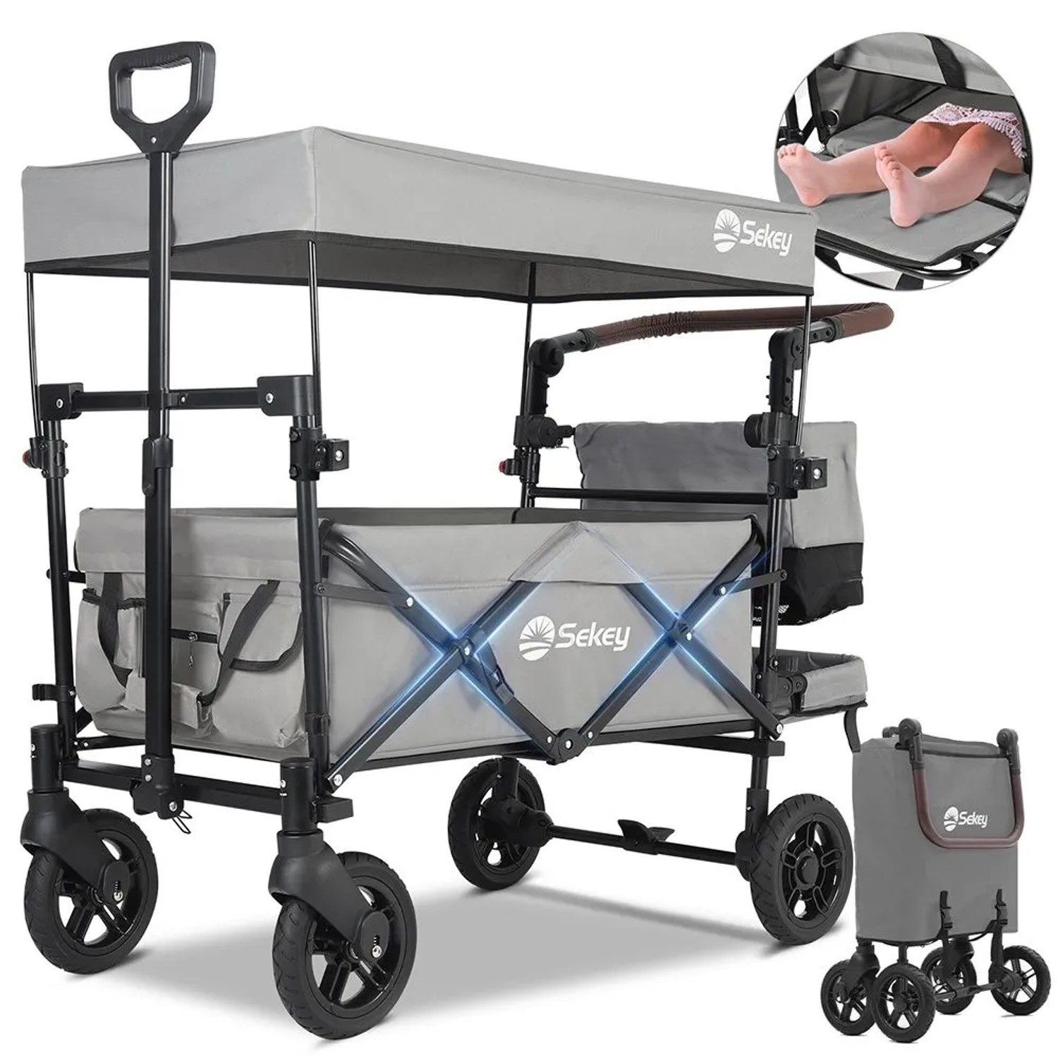 Sekey Faltbarer Bollerwagen mit Dach 150KG Kinder Transportwagen Grau