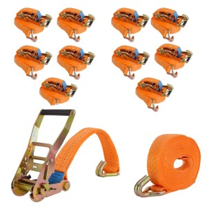 10 orangefarbene Spanngurte (3t) mit Ratsche, 6m lang, für Autoanhänger zur Ladungssicherung.