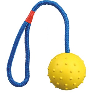 Gelber Jollypaw Ball am Seil aus Naturgummi, ein Apportierspielzeug für Hunde.