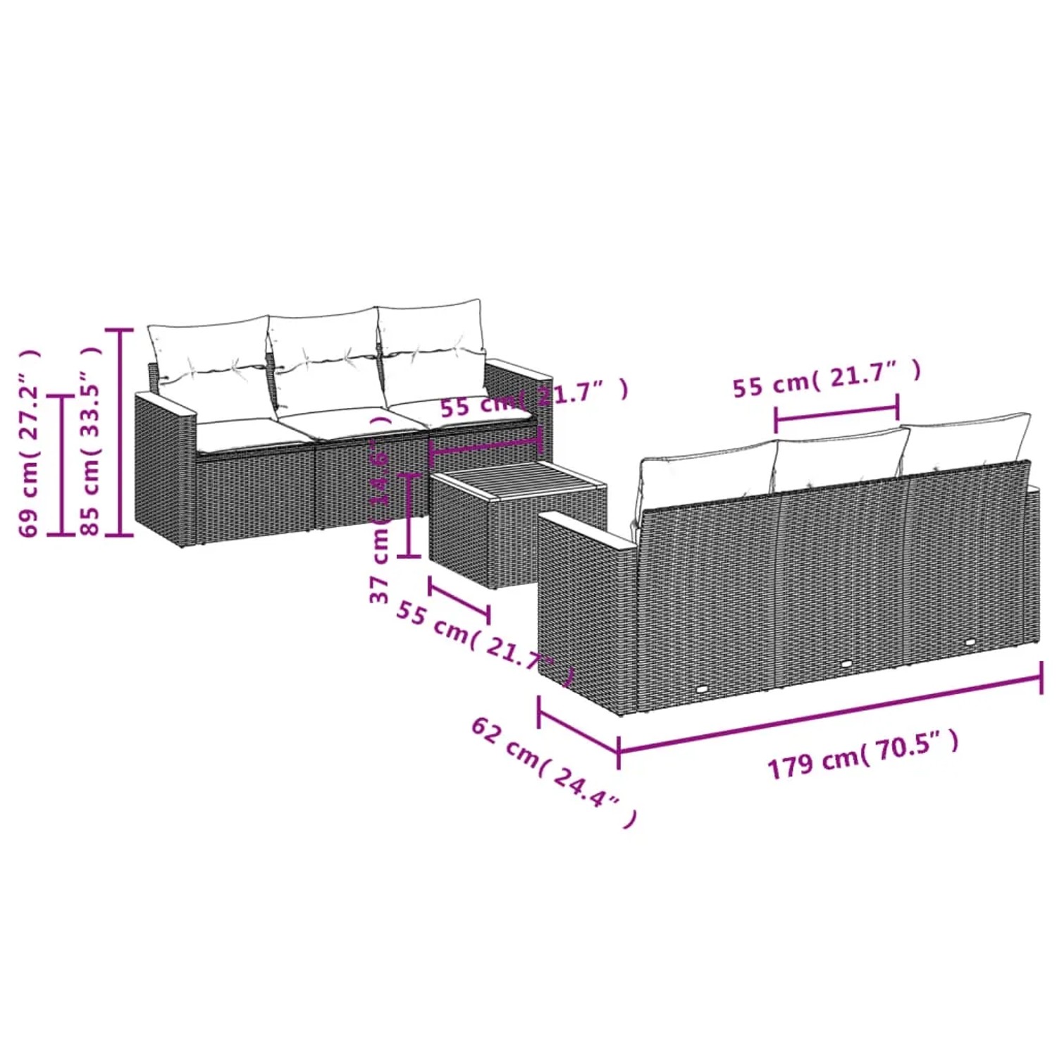 7-tlg. Garten-Sofagarnitur Beige Poly Rattan mit Tisch und Kissen.