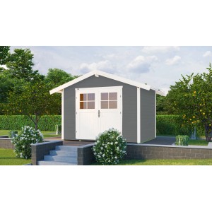 Graues weka Gartenhaus 122 Gr.4 mit Satteldach und weißer Doppeltür im Garten.