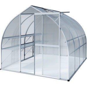 KGT Gewächshaus Alu blank, 6,81 m², mit Tür und Regalen. Ideal für Pflanzenzucht.
