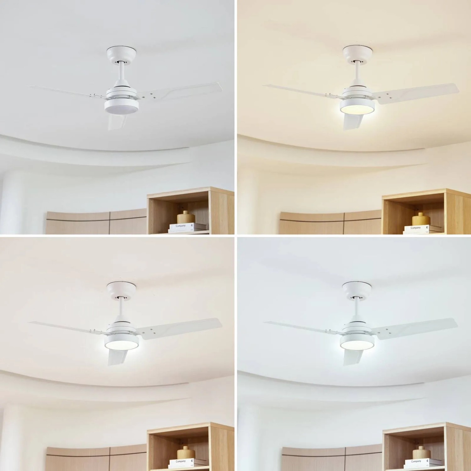 Weißer Lindby LED Deckenventilator Aerallo aus Metall mit Lampe, zeigt verschiedene Lichtfarben im Wohnzimmer.