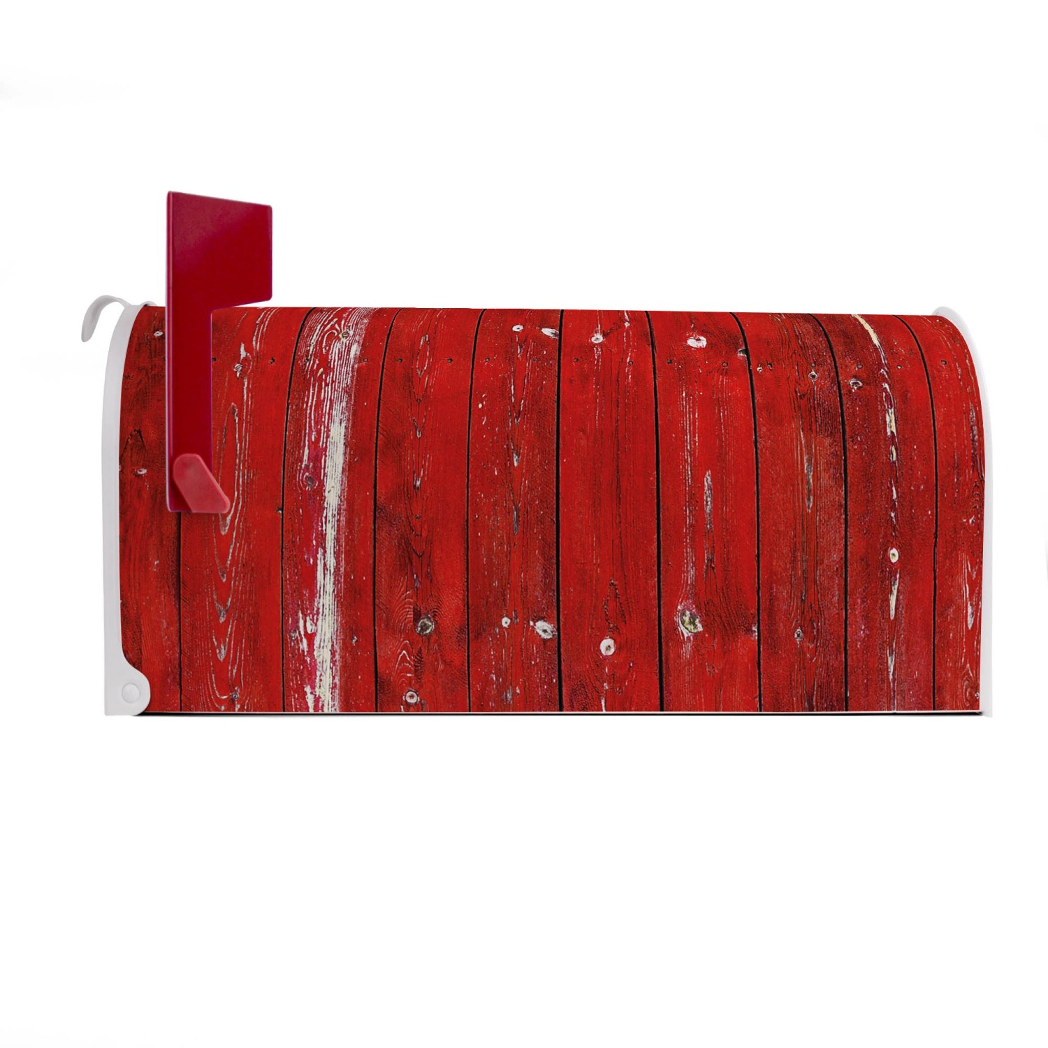 Weißer US Briefkasten mit roter Holzlatten Optik und roter Fahne von Banjado, 48x22x16cm.