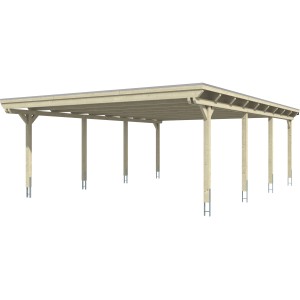 Skan Holz Doppelcarport aus Leimholz, schiefergrau, mit flachem Dach und acht Pfosten.
