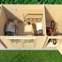 Weka Holz-Gartenhaus Brixen mit Flachdach, zwei Räume, Grill, Fahrrad und Gartenzubehör.