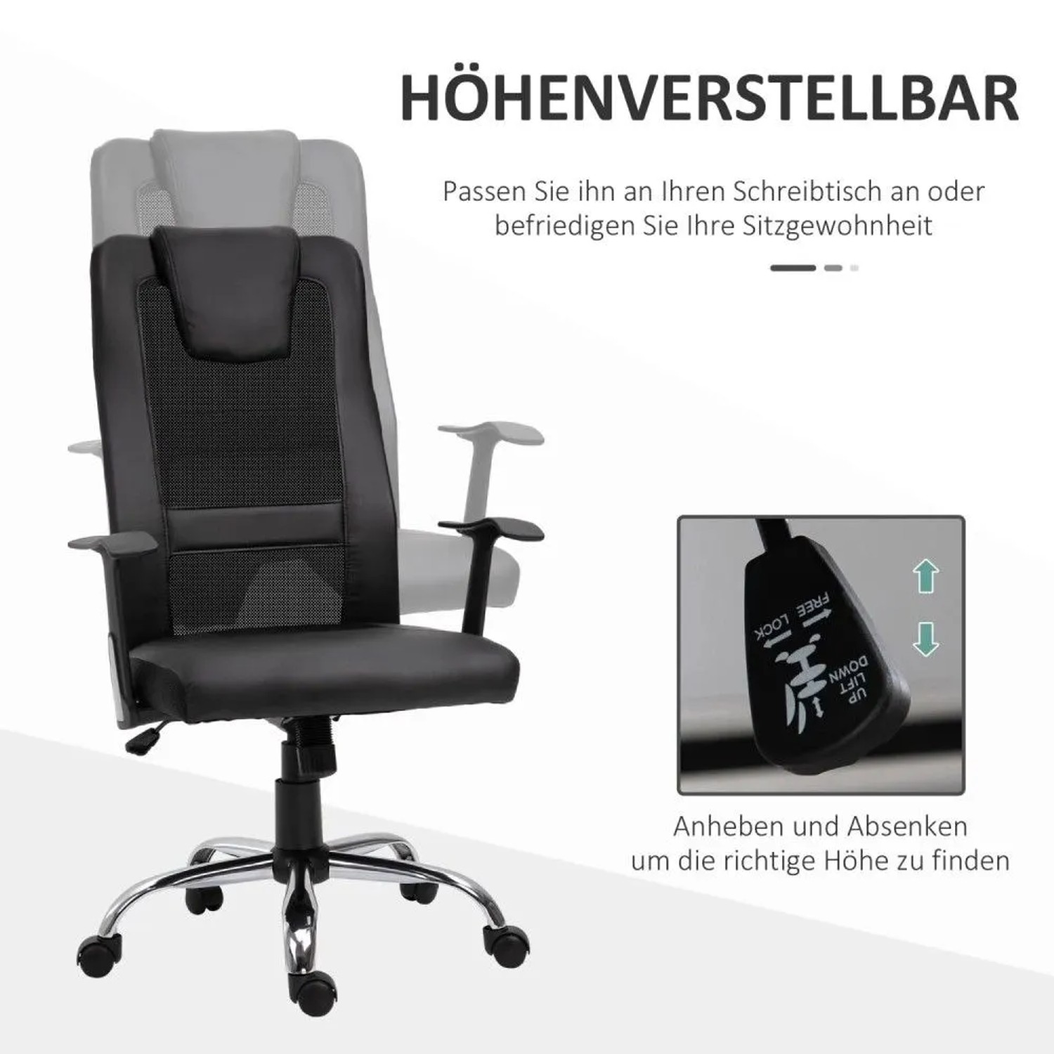 Schwarzer Vinsetto Bürostuhl, höhenverstellbar, mit ergonomischer Netzlehne und Rollen. Hebel zur Höhenanpassung.