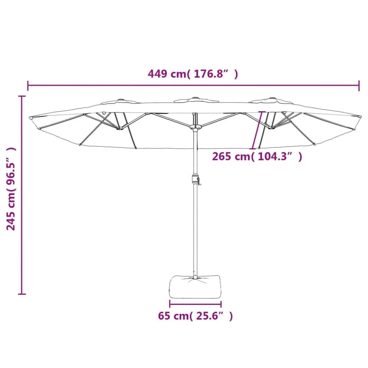 vidaXL Doppel-Sonnenschirm mit LED-Leuchten, Sandweiß. Maße 449x265x245 cm. Großer Sonnenschutz für Garten.