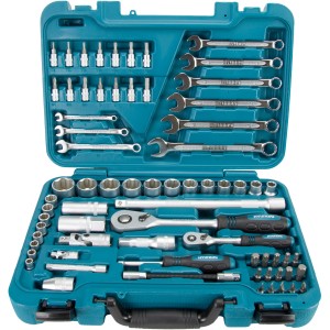 Hyundai Werkzeugset K70, 70-teilig im geöffneten, türkisfarbenen Koffer. Werkzeug-Set aus CrV-Stahl.