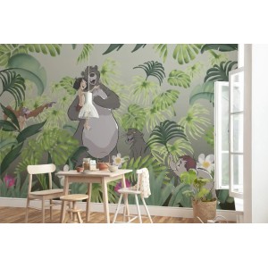 Disney Fototapete "Welcome To The Jungle" in Grün/Grau, Dschungel-Szene mit Balu und Mowgli.