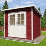 Schwedenrotes weka Gartenhaus 219 mit Flachdach und Doppeltür im Garten.