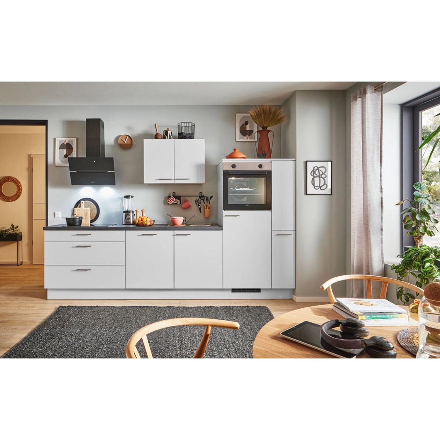 pino Küchenzeile 310 cm Lichtgrau Anschlag rechts 1 Geräte-, 1 Apothekerschrank