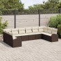 Braunes 10-teiliges vidaXL Garten-Sofa-Set aus Poly Rattan mit beigen Kissen.