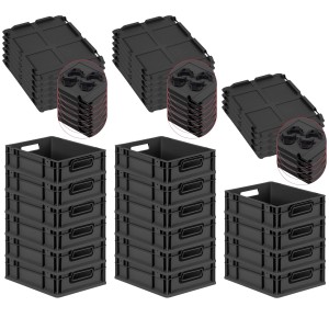 PROREGAL SuperSparSet 16x Eurobox Nextgen Color Mit Auflagedeckel HxBxT 12x30x40cm 11 Liter Schwarz Griffe Schwarz Offen Eurobehälter Transportbox