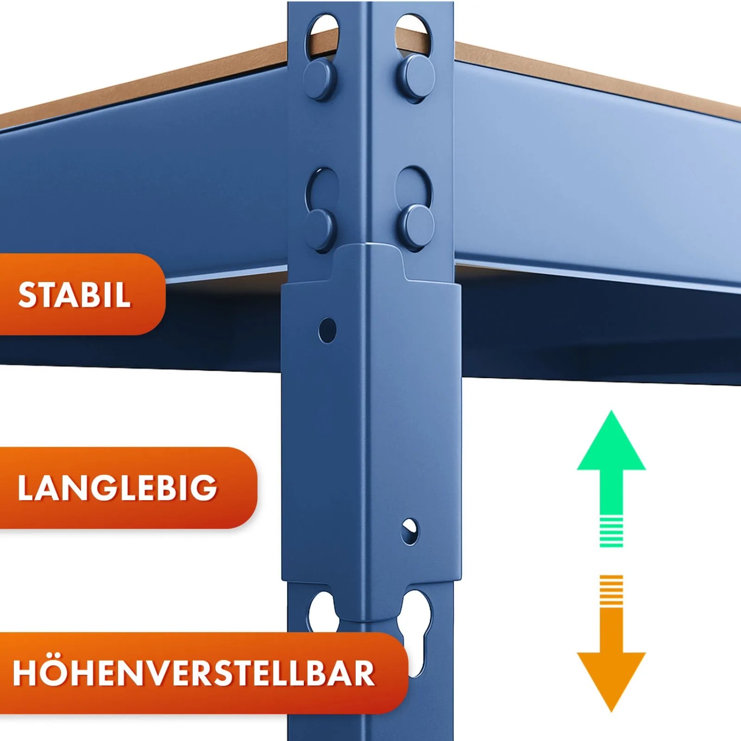 Detailaufnahme: Blaues Schwerlastregal von Karat, höhenverstellbar, stabil und langlebig.