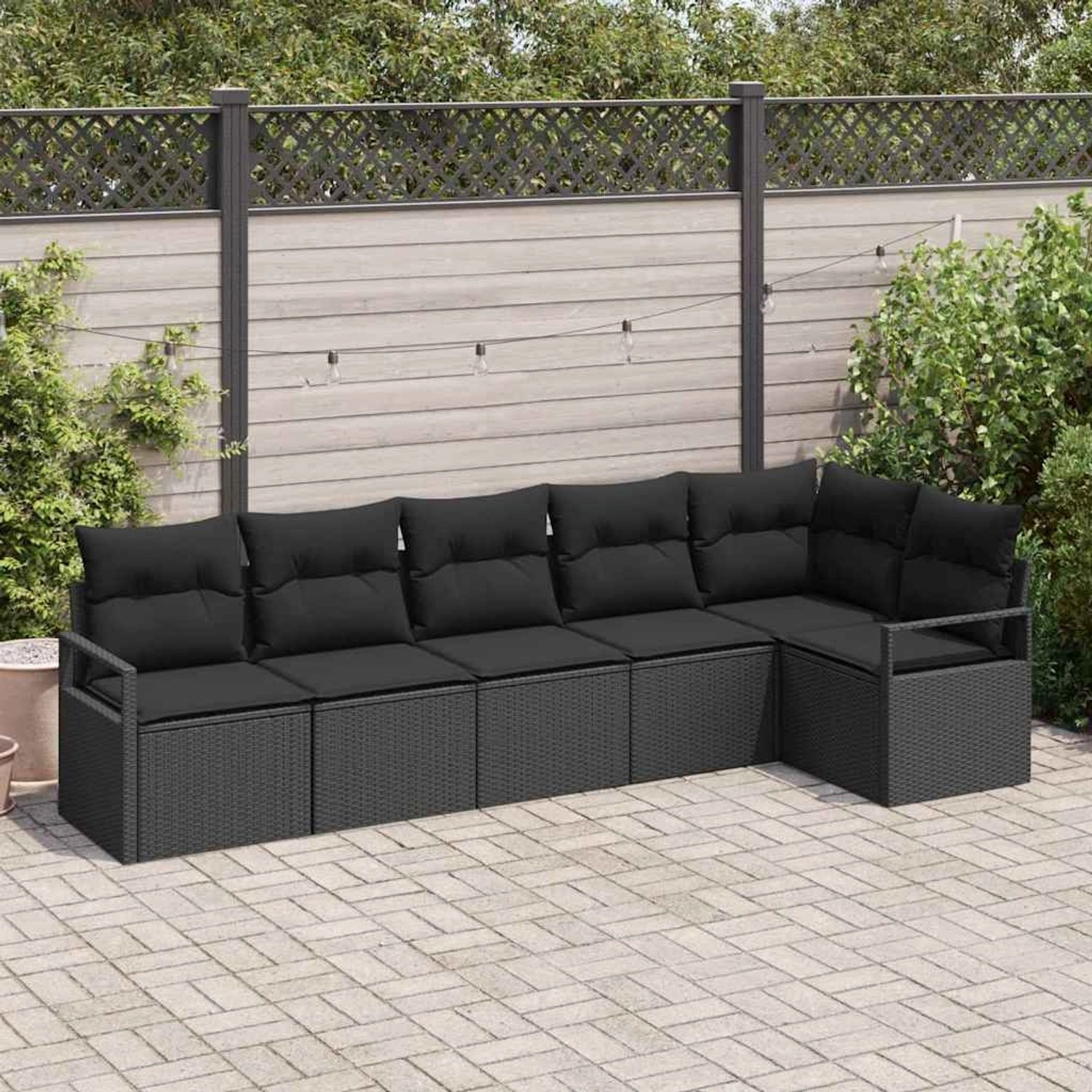 Schwarzes 6-teiliges Garten-Sofa-Set aus Rattan mit Kissen von vidaXL. Modulares Lounge-Set für Terrasse und Garten.