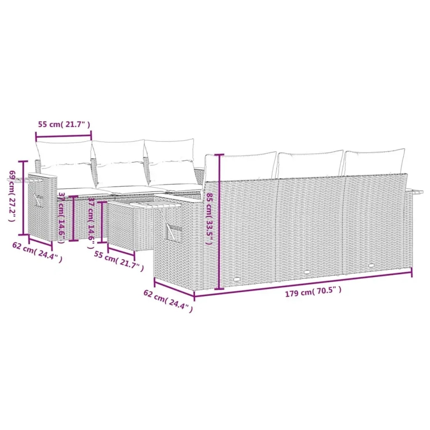 Graue 7-tlg. vidaXL Garten-Sofagarnitur aus Polyrattan mit Kissen, Maße siehe Bild.