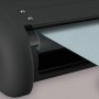 Detailaufnahme: Anthrazitfarbene Eclipse Kassettenmarkise mit hellblauem Markisentuch.