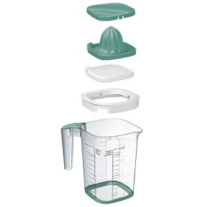 Rotho Messbecher Loft 1,5L mit Zubehör (Spritzschutz, Reibe, Zitronenpresse) in Transparent/Mistletoe Green.