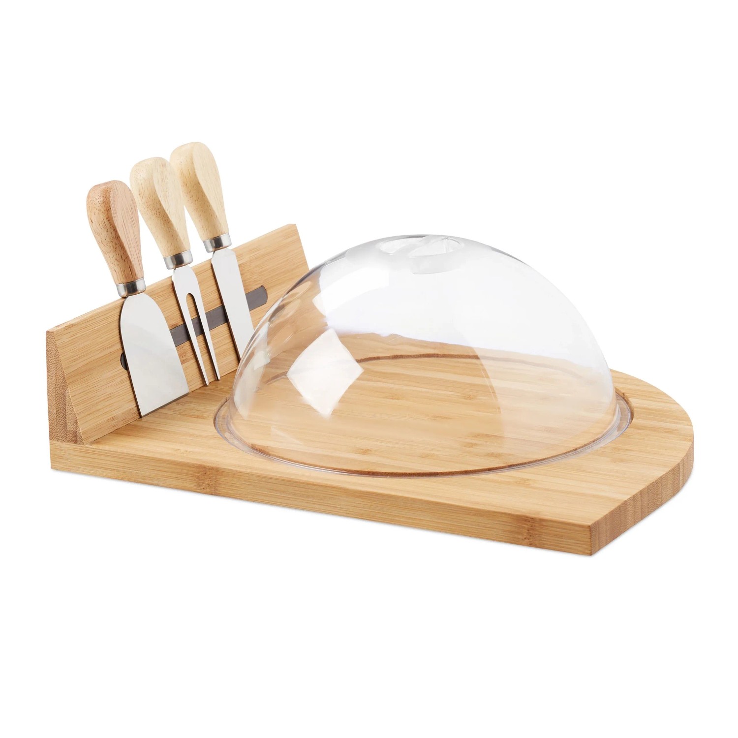 Relaxdays Käseglocke Bambus Natur mit Brett und Besteck 31 cm x 25 cm x 11 cm