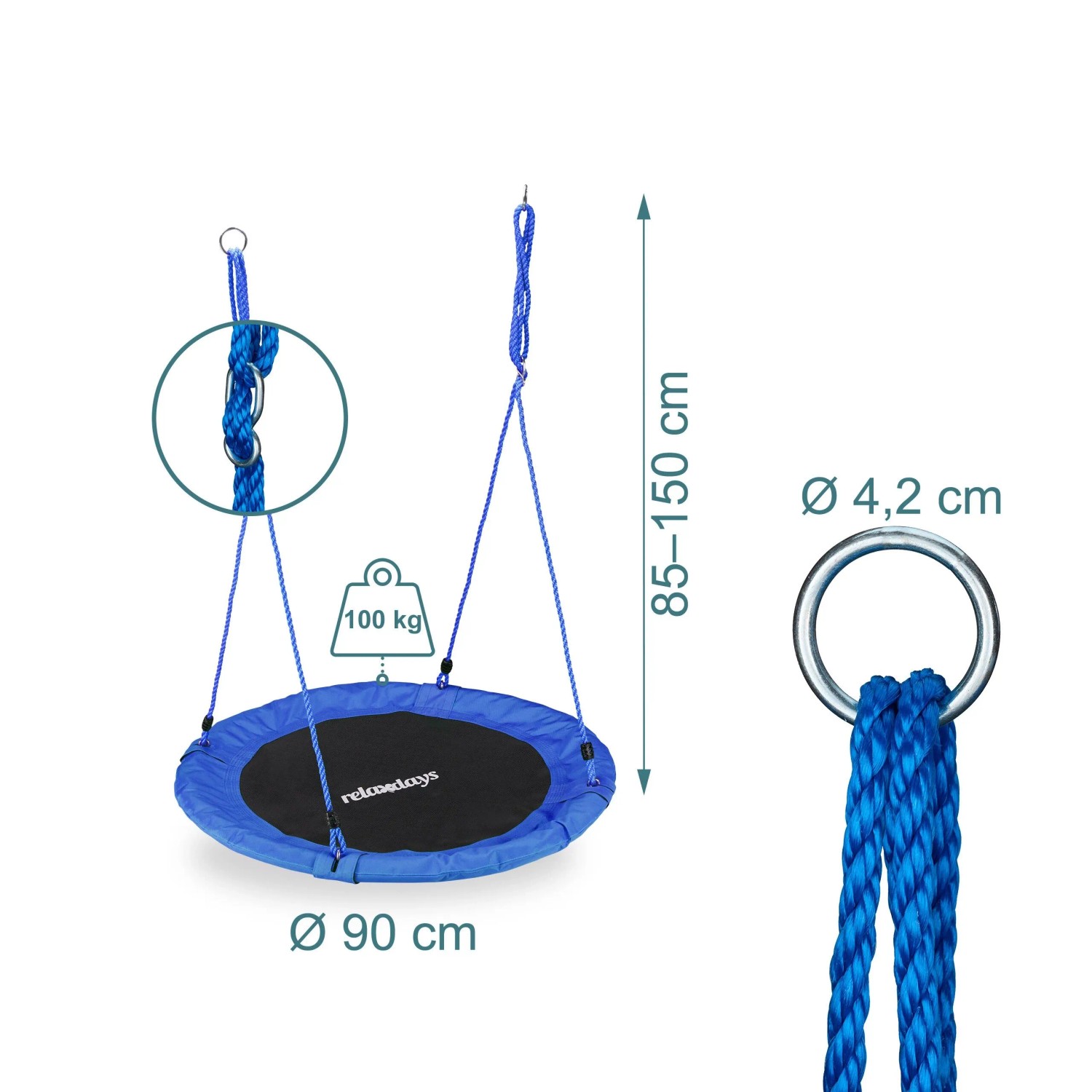 Relaxdays Nestschaukel Stahl Blau Höhenverstellbar 90 cm 2,5 kg_4