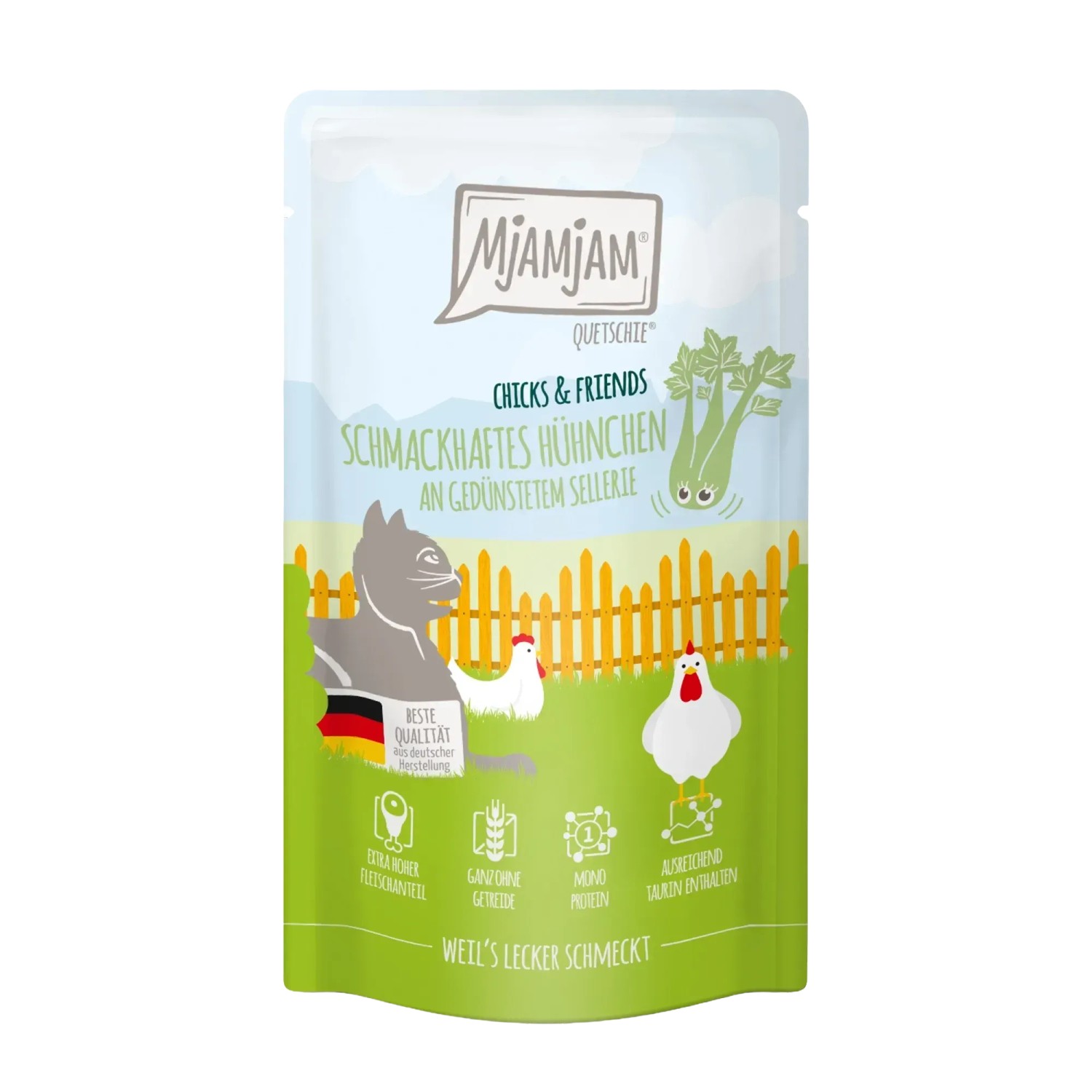 Mjamjam Katzen-Nassfutter Quetschie Chicks & Friends Hühnchen & Sellerie 125 g