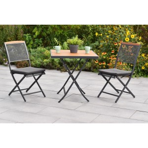 Merxx Patmos Balkonmöbel Set: Klapptisch 70x70 cm, 2 Klappstühle mit Auflagen. Stahlgestell, Akazienholz.