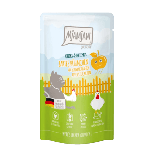 Mjamjam Quetschie Katzen-Nassfutter Hühnchen & Apfel, 125g Packung.