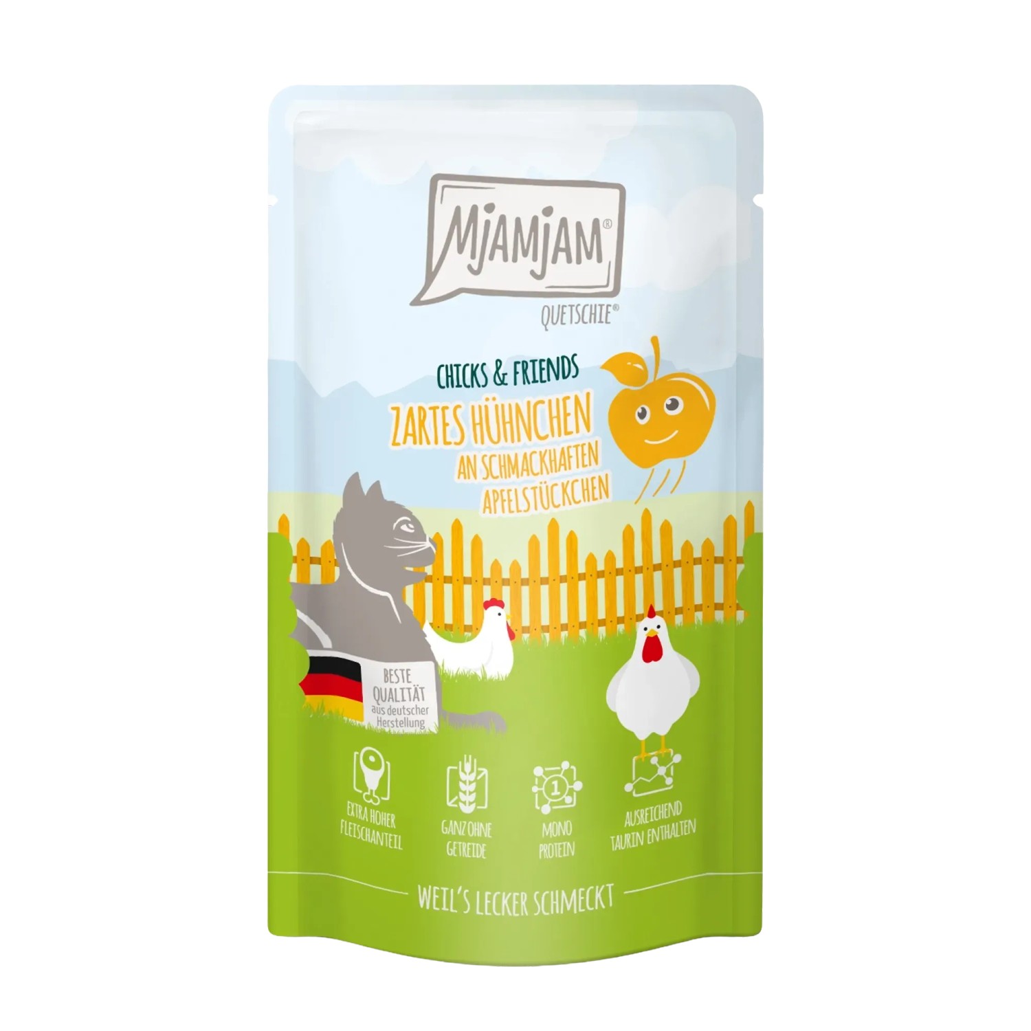 Mjamjam Katzen-Nassfutter Quetschie Chicks & Friends Hühnchen & Apfel 125 g