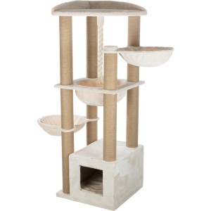 Cremefarbener Kratzbaum XXL Elia (172 cm) mit Liegeflächen, Hängematte und Höhle.