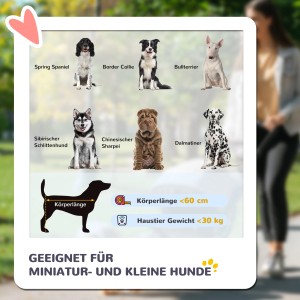 Geeignet für kleine Hunde: Illustration verschiedener Hunderassen und Größenangaben für PawHut Hundewagen.