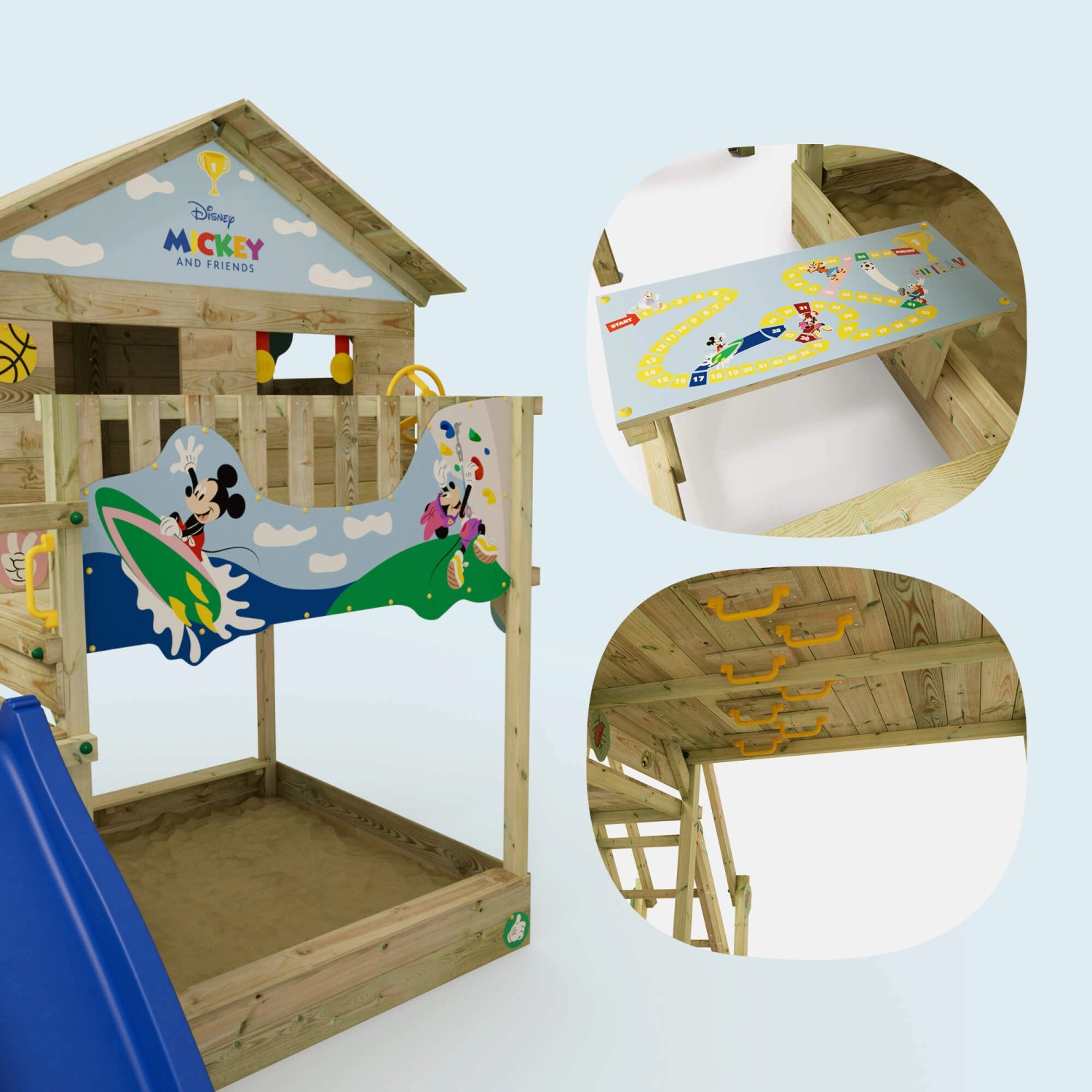 Blauer Wickey Disney Spielturm Saga mit Rutsche, Klettergerüst, Sandkasten und Spielhaus.