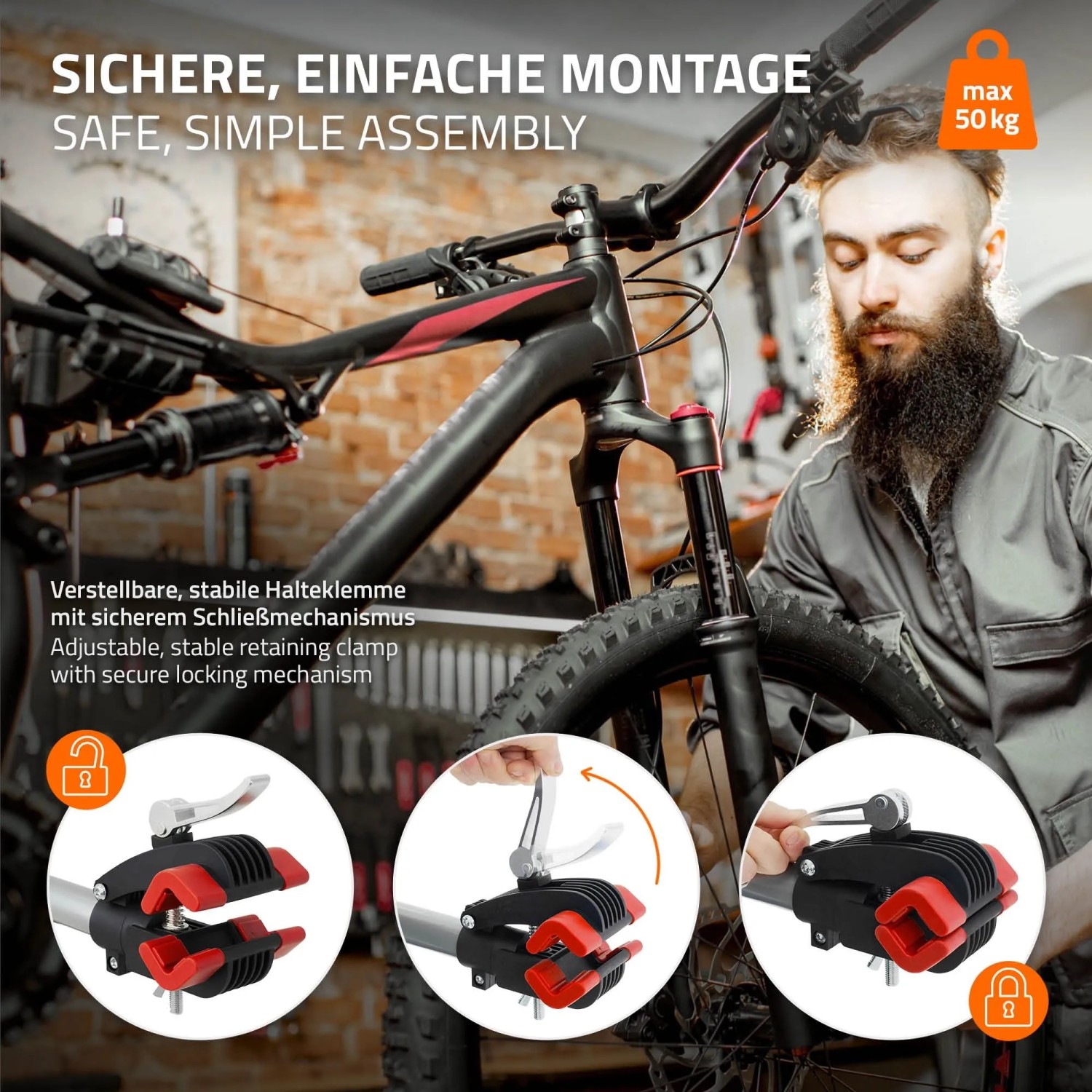 Mann repariert Fahrrad auf höhenverstellbarem ECD Germany Fahrradmontageständer mit sicherer Klemmung. Max. 50 kg.