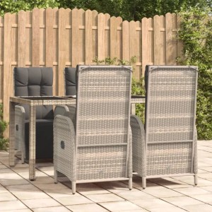 Graue 5-tlg. Garten Essgruppe aus Polyrattan mit dunklen Kissen, bestehend aus Tisch und verstellbaren Stühlen.
