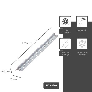 Protektor Schnellputzschiene, 250cm, Stahl, silber, für 6mm Putz, 50 Stück