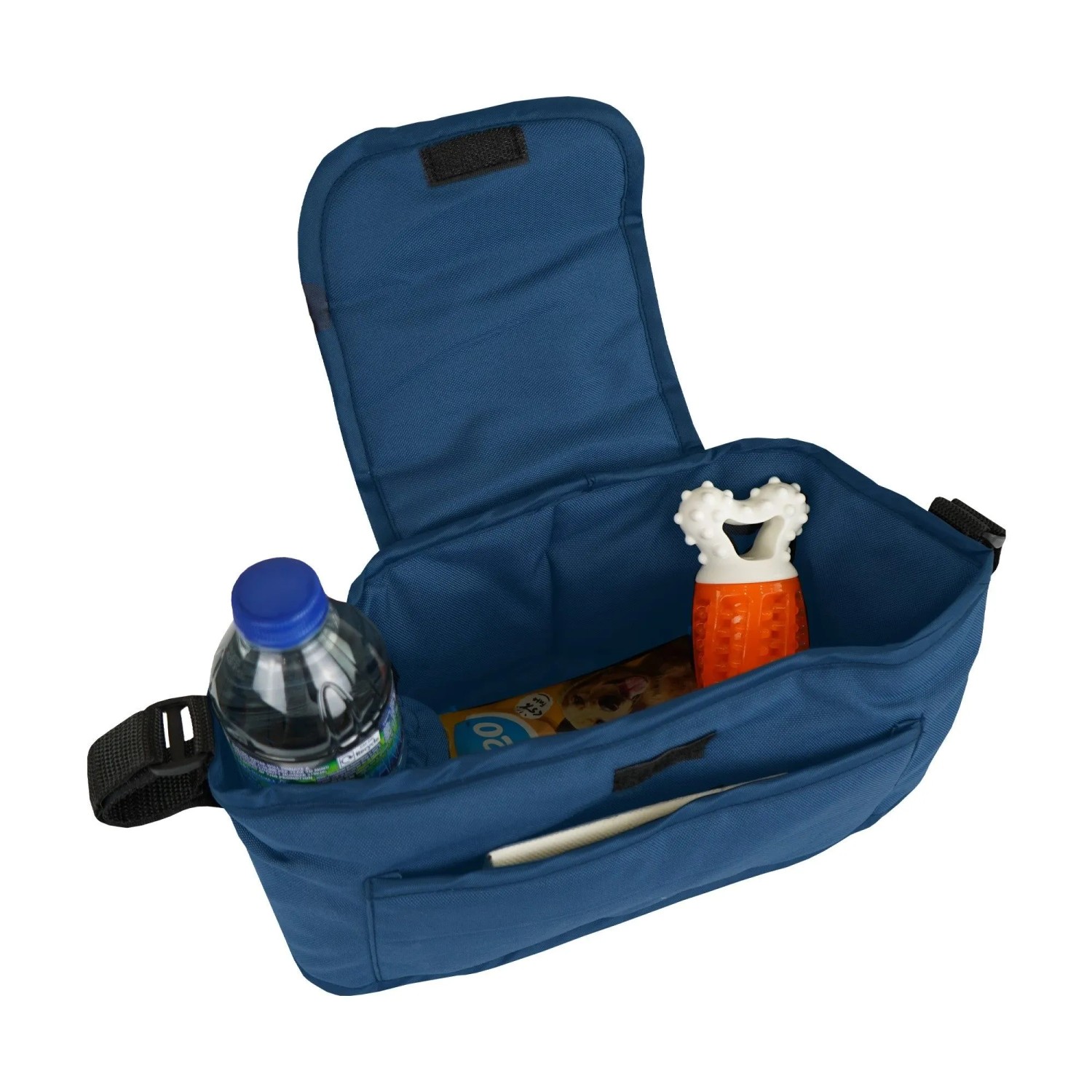 Marineblaue Haustierwagen-Tasche mit Futter, Spielzeug und Wasserflasche für Hundetransport.