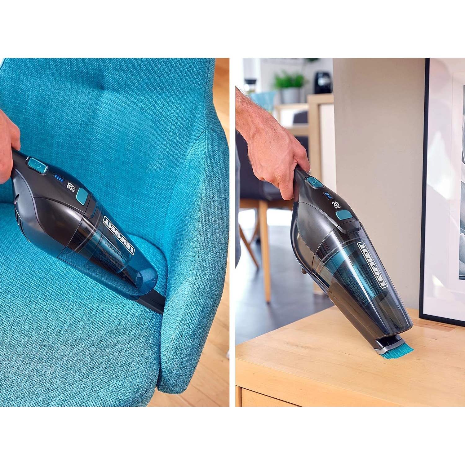 Leifheit Akku-Staubsauger Rotaro PowerVac 2in1 in Aktion auf Möbel und Tisch.