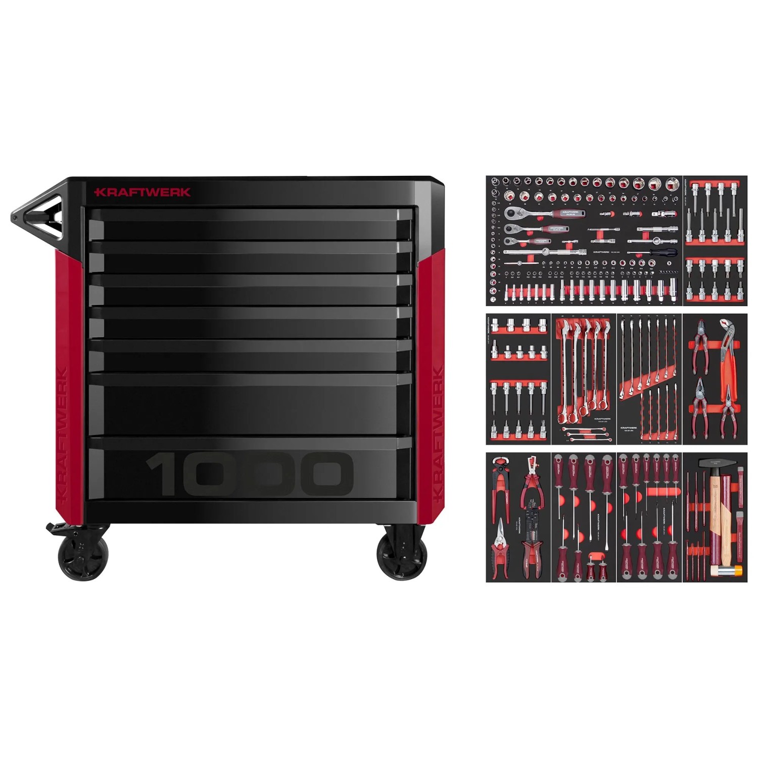 Kraftwerk Werkstattwagen PRO LINE PT1000 WW 7 Schubl. 221-tlg. Schwarz-Rot