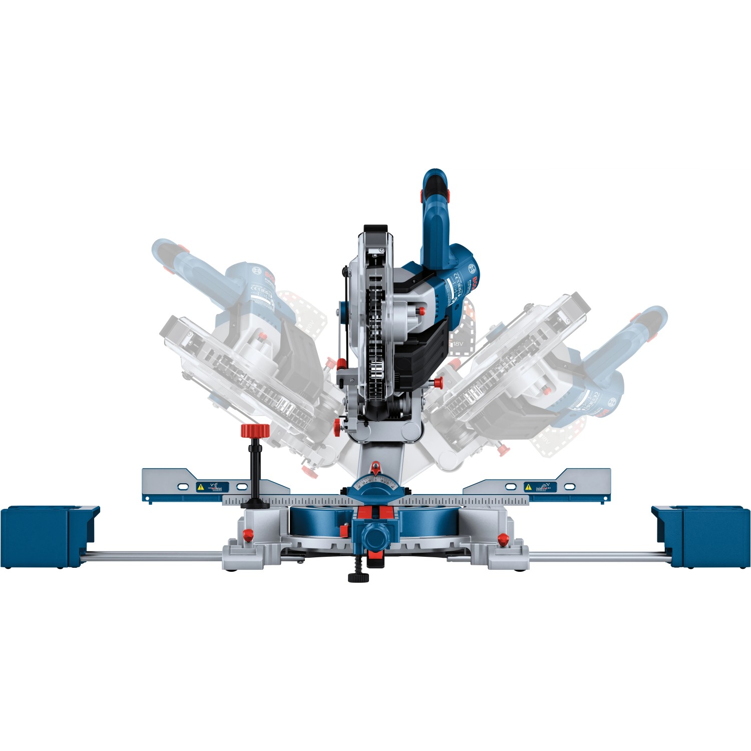 Bosch Professional GCM 18V-216 D Akku-Kapp- und Gehrungssäge mit Zubehör und verschiedenen Winkeleinstellungen.