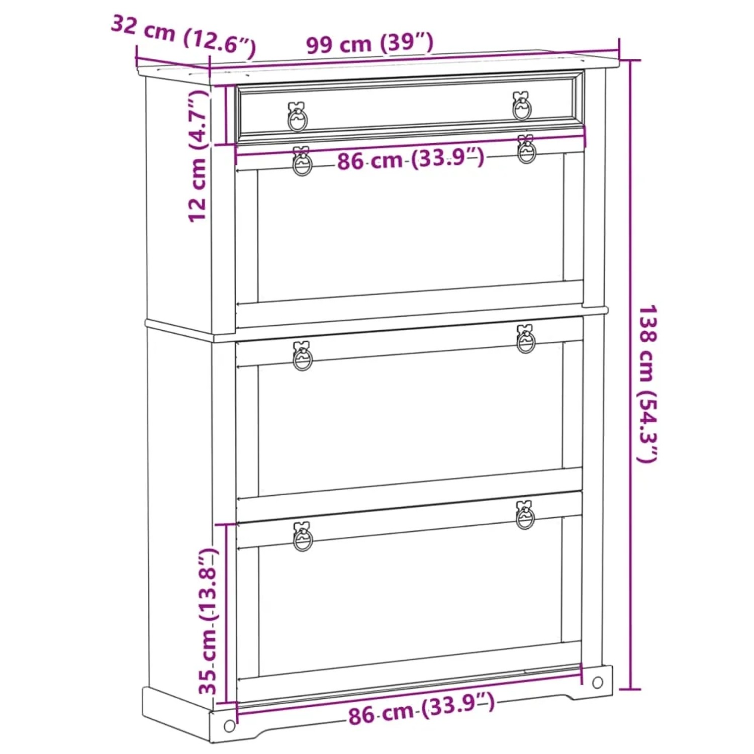 vidaXL Schuhschrank Corona, Kiefer massiv, 99x32x138 cm, mit Schublade und Klappen.