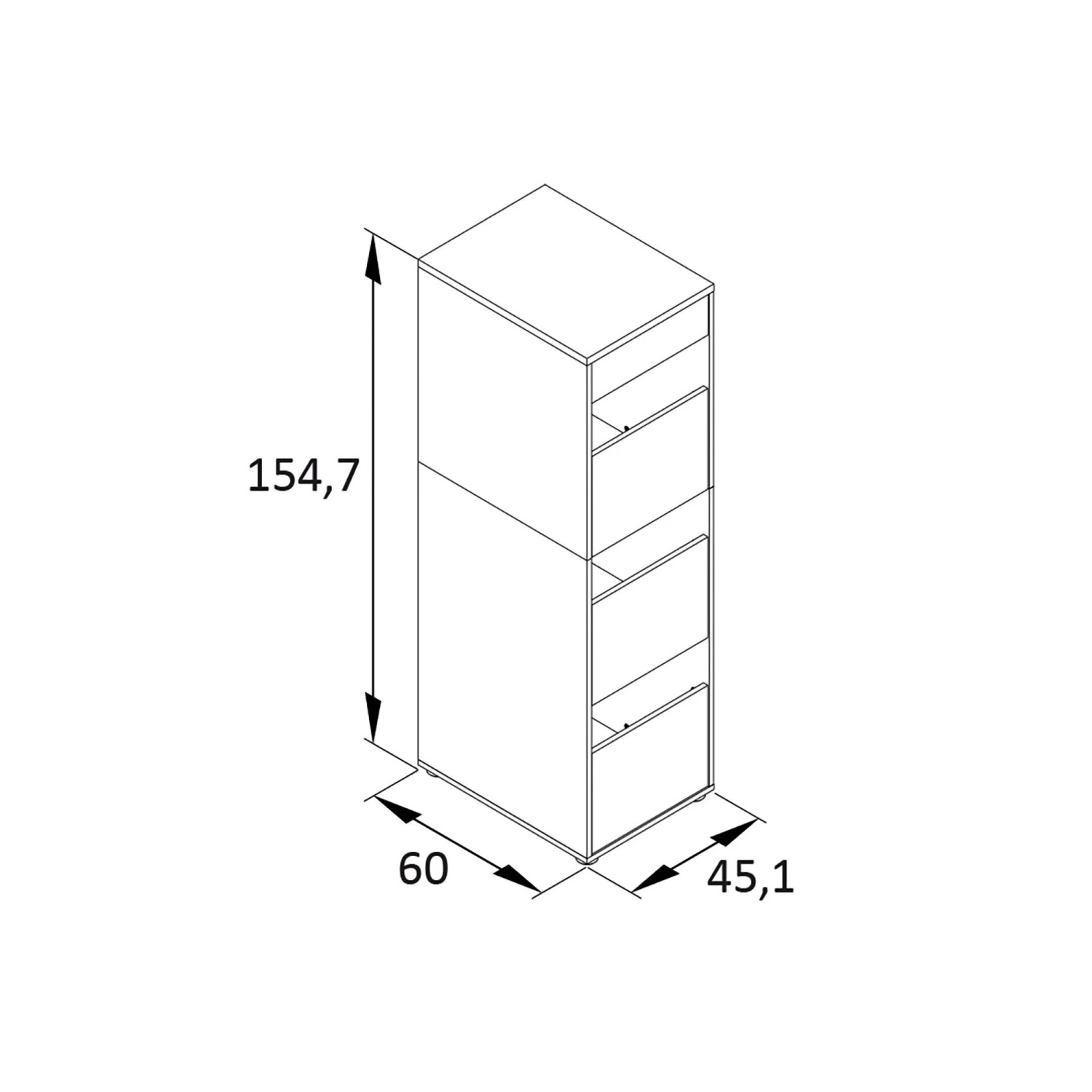 Schildmeyer Solea Hochschrank Maßzeichnung: 154,7x60x45,1 cm. Mehrzweckschrank mit 3 Fächern für Hauswirtschaftsraum.