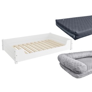 Weißes Hundesofa XXL aus Kiefernholz mit Rollrost, Matratze und Polster für Dogge/Bernhardiner.