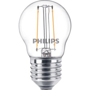 Philips LED-Lampe E27 Tropfenform, 2W, 250lm, 7,8x4,5cm. Klares Glas, warmweißes Licht.