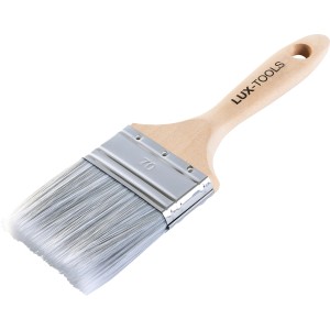 LUX-TOOLS PRO Flachpinsel Lacke, 70 mm breit, mit hellem Holzgriff und grauen Borsten.