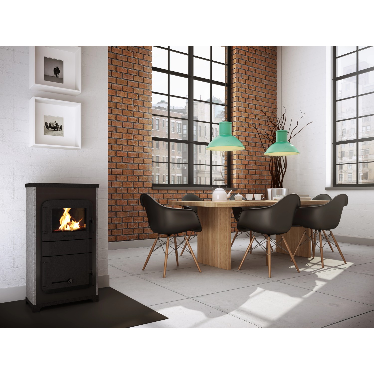 Wamsler Werkstattofen RH8-F mit Specksteinverkleidung und brennendem Feuer im Wohnraum.