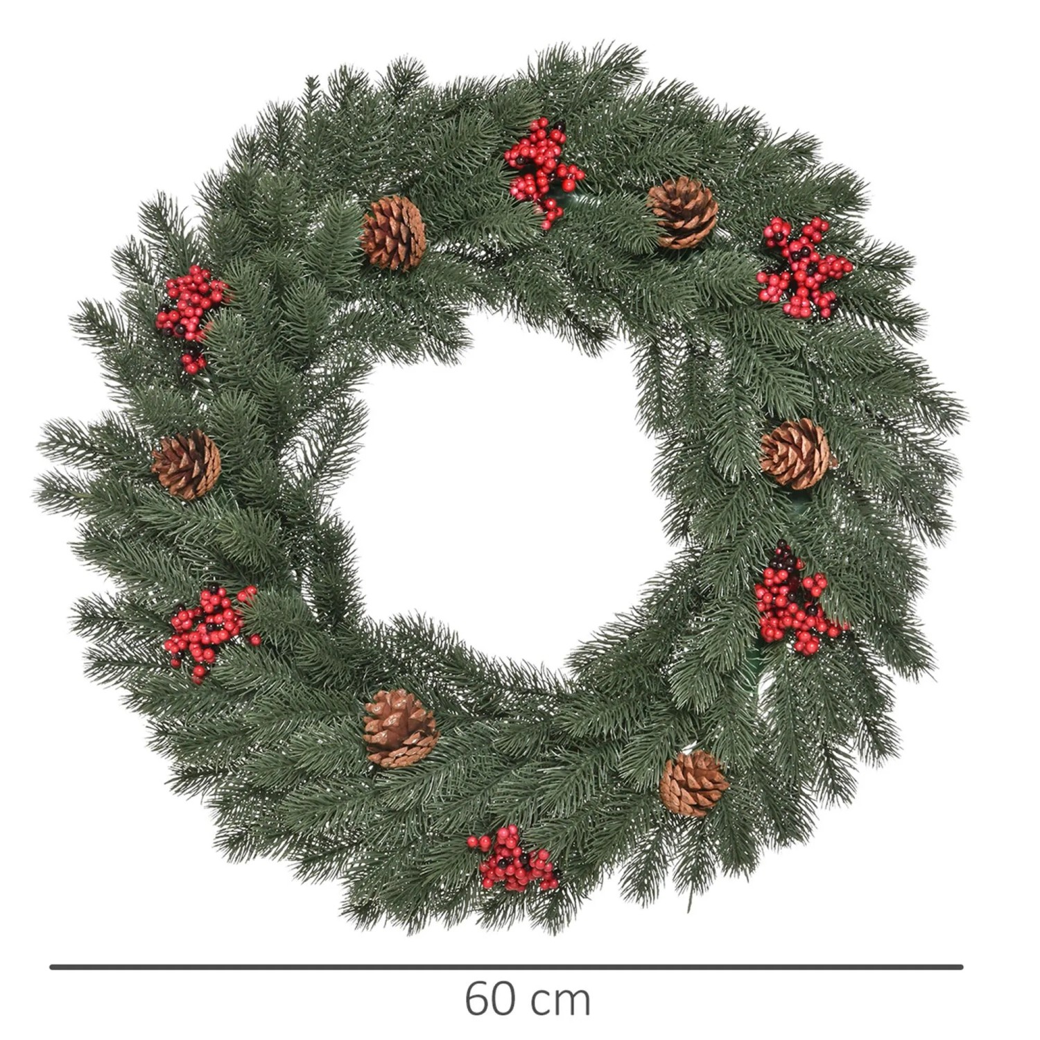 Grüner künstlicher Tannenkranz, 60 cm, mit roten Beeren und braunen Tannenzapfen. Ideal für Weihnachtsdekoration.